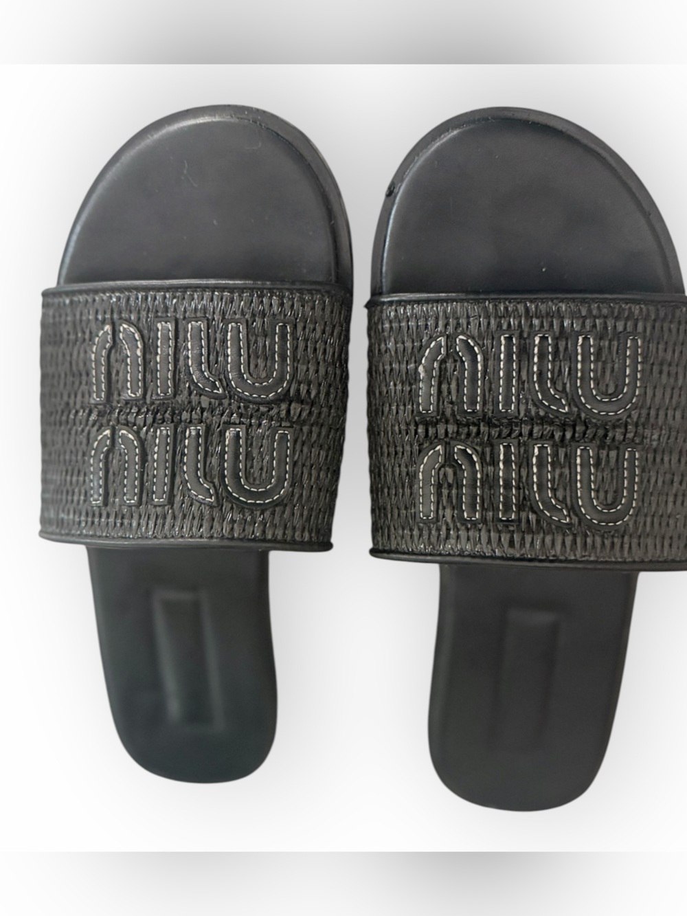 Miu Miu Black Woven Logo Slide Sandals